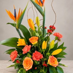 Elegant tropical floral arrangement on stone