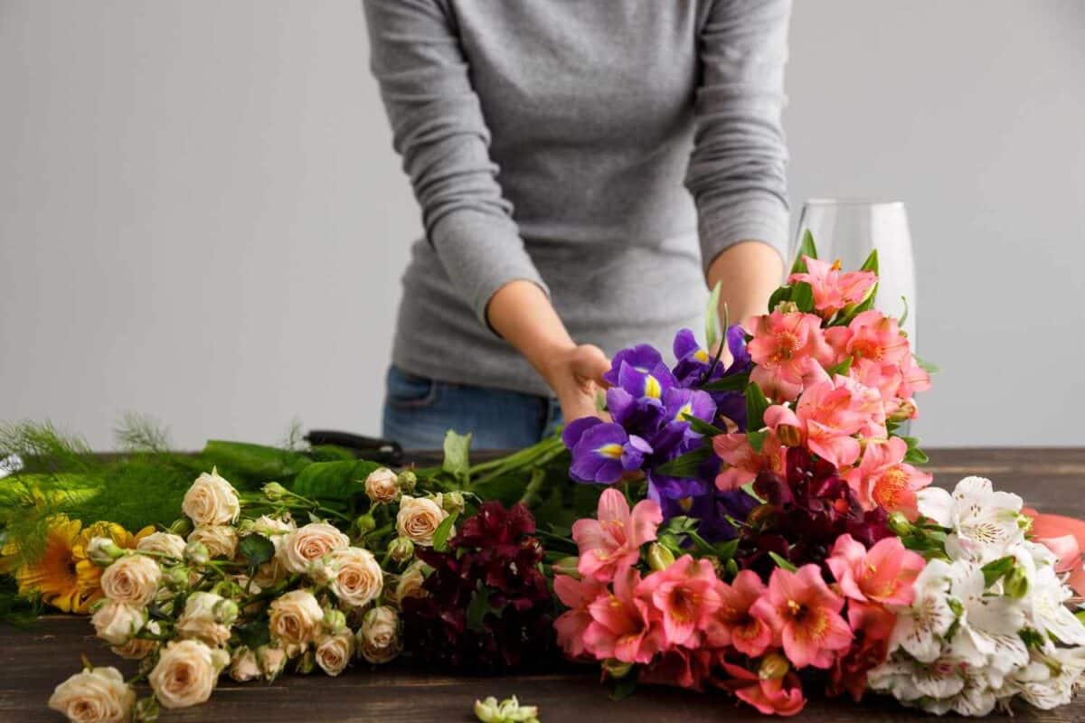 A side view of colorful flowers.