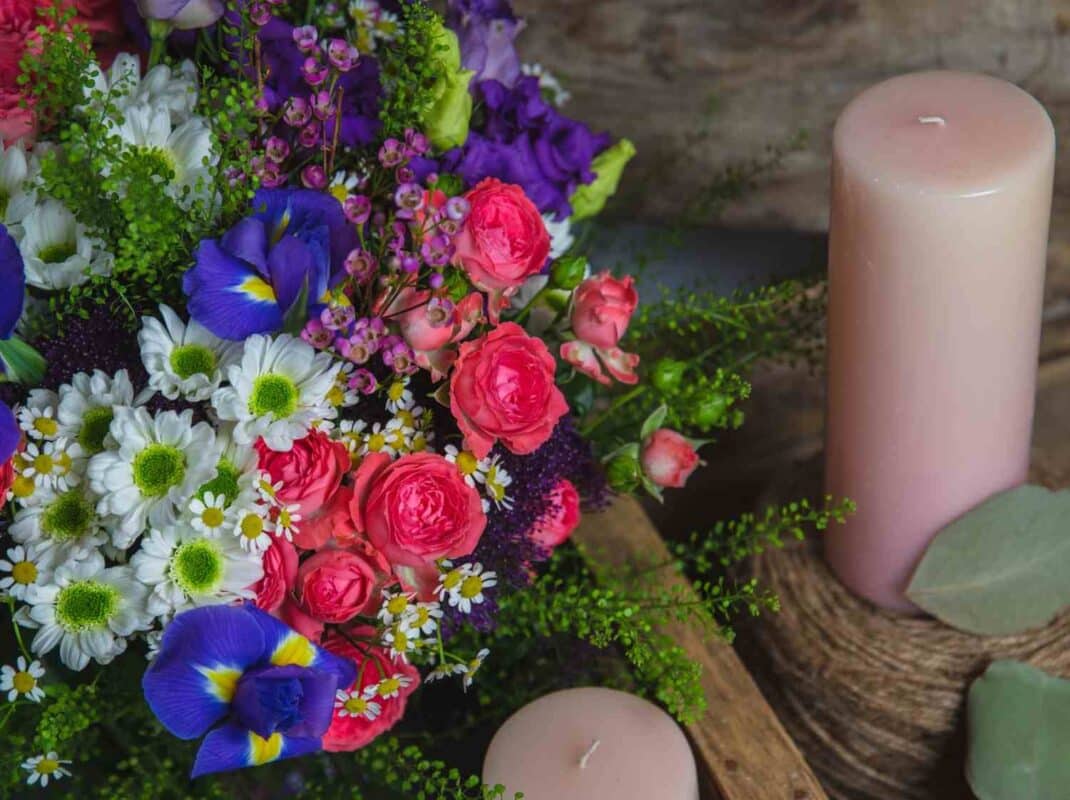 Calgary Florist | Single-Flower vs. Mixed Bouquets: Which Style Makes the Bigger Impression? A mixed pink, blue, and white flower bouquet nicely arranged.